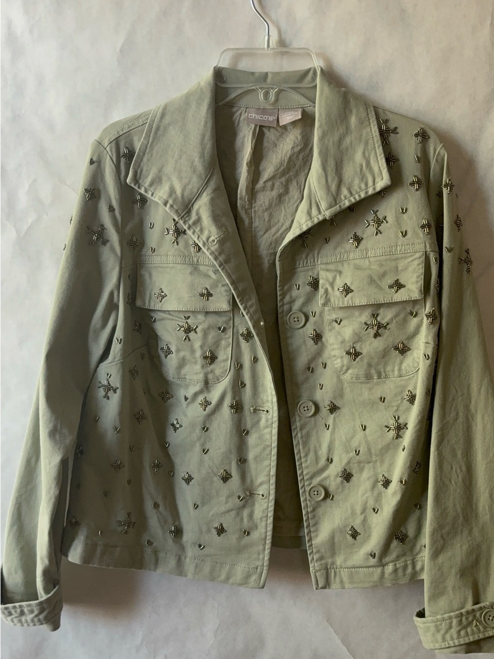 Chico's Sage Green Studded Utility Jean Jacket